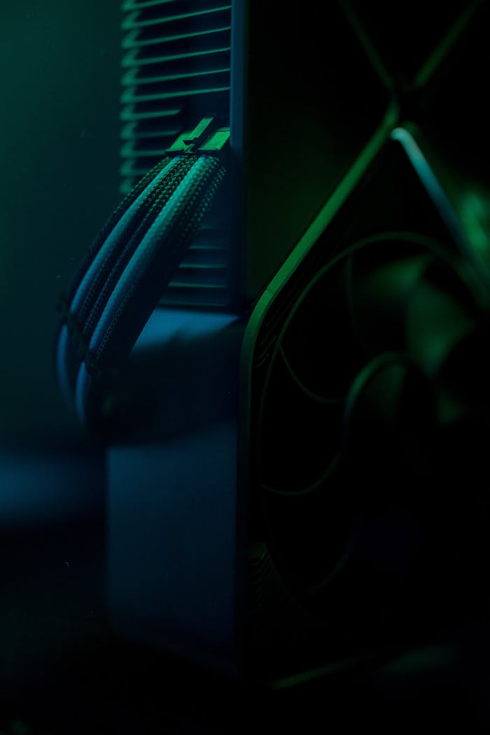 Dark close-up of a gaming PC cooling system with visible wires and fan.